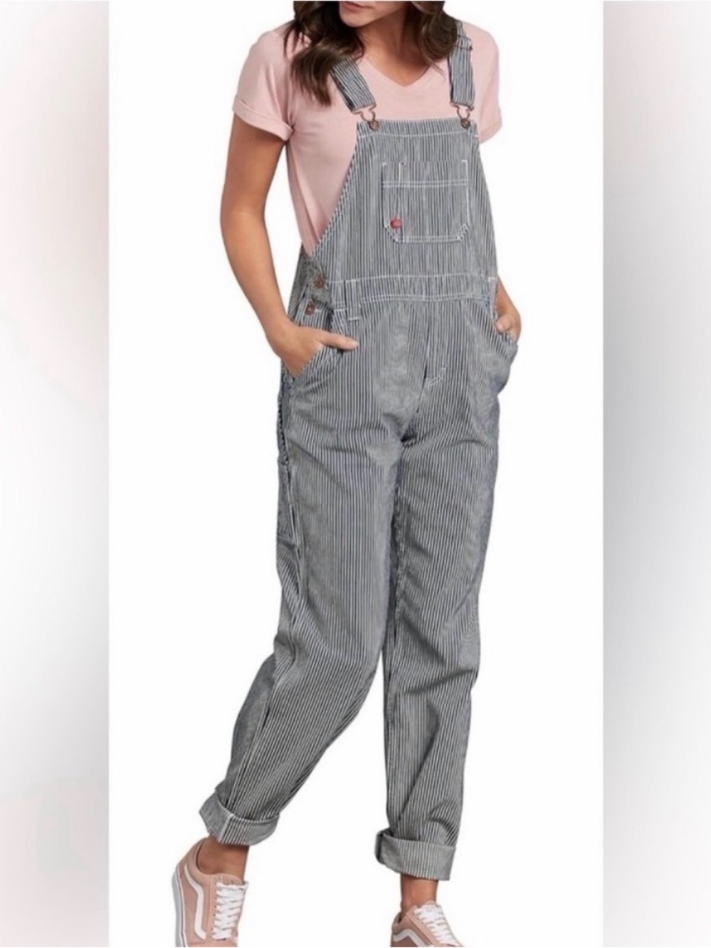 Vintage Dickies Women's Black and White Striped Overalls